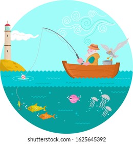 Illustration of Old Fisherman Fishing on the Sea. This Illustration is good for Children Book