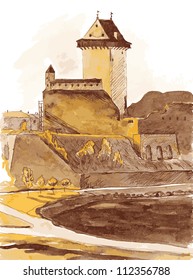 Illustration of the old fortress in the city of Narva Estonia. Color ink