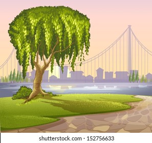Illustration of an old giant tree across the high buildings