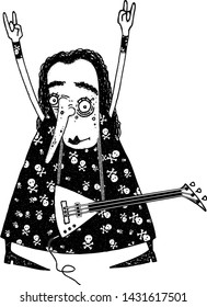 Illustration of old glam metal musician. Character with electric balalaika showing Rock on
