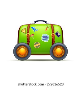 illustration of old green suitcase with stickers on wheels on white background