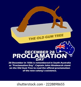 Illustration of the Old Gum tree with bold text, sentences and a map of the country of Australia with its flag on dark blue background to commemorate Proclamation Day on December 28 in Australia