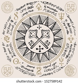Illustration with old hand-drawn keys and handwritten magic inscriptions, symbols, runes. Vector banner with an ancient manuscript written in a circle in retro style