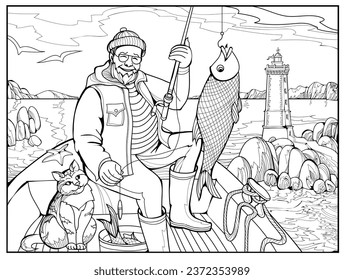 Illustration of an old happy sailor fishing in Celtic sea. Coloring book for children and adults. Black and white vector drawing. Printable page for drawing and meditation.