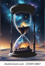 illustration with old hourglass on star sky background