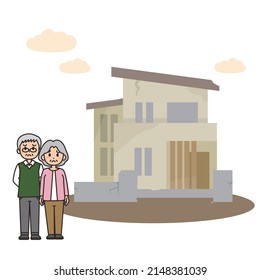 Illustration of an old house and a senior couple in need. Vector illustration on white background.