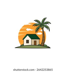 Illustration of an old house and the sun in the afternoon
