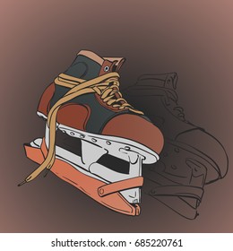 Illustration of old ice skates with outline sketch of second skate, Hand drawn vector illustration isolated on dark background