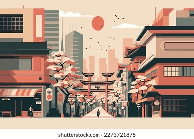 Illustration of an old Japanese street, 2d flat illustration. EPS 10.