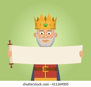 Illustration of an old king holding a blank scroll, paper, placard, poster. Teach, advertise, promote. Monarch, ruler, governor, medieval king. Flat style vector illustration