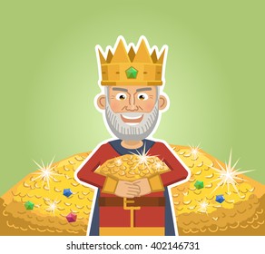 Illustration of an old king standing in treasure chamber and holding gold in his arms. Greedy emotion, treasure chamber, taxes. Monarch, ruler, medieval king, governor. Flat style vector illustration