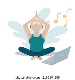 Illustration mit einer alten Dame, die Yoga mit Laptop und Kopfhörern macht
