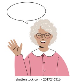 Illustration Old lady with a greeting gesture. Elderly woman  says hello!	