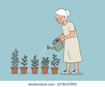 Illustration of an old lady watering plants in pots, turquoise background