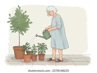 Illustration of an old lady watering plants in pots