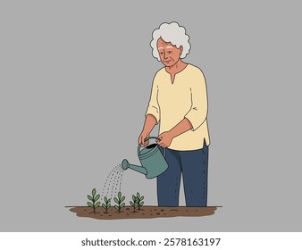 Illustration of an old lady watering sprouting plants in the soil