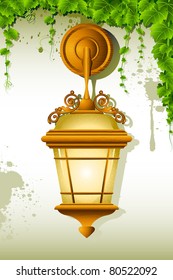 illustration of old lamp hanging on wall with creeper