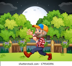 Illustration of an old lumberjack carrying an axe while walking