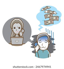 Illustration of an old man being tricked by a scam.