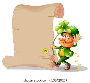 Illustration of an old man beside the empty paper on a white background