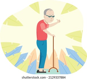 Illustration of an old man with a crutch giving thumbs up flat vector illustration. Grandpa in the nature illustration for banner, flyer, or poster.