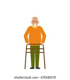 Illustration Old man with a disability Isolated on White Background. Male on Walker. Physiotherapy and Rehabilitation for person with disabilities - Vector