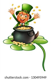 Illustration of an old man in a green attire with a pot of coins on a white background