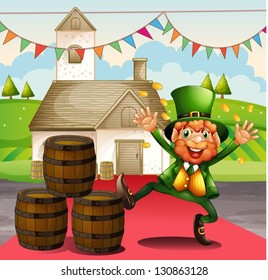 Illustration of an old man in a green attire beside the barrels