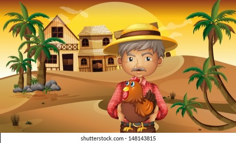 Illustration of an old man and his rooster at the desert