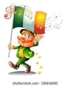 Illustration of an old man holding the flag of Ireland on a white background
