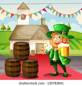 Illustration of an old man holding a mug of beer and coins