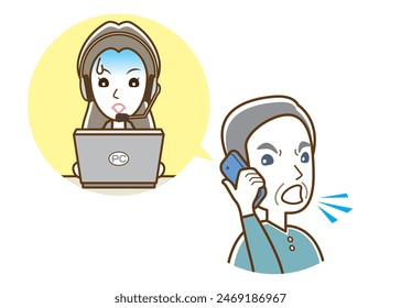 Illustration of an old man making a complaint over the phone.