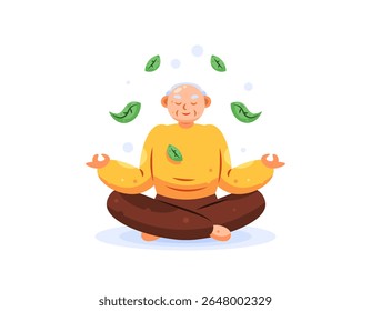 illustration of an old man meditating. grandpa doing yoga. relaxation and calming the mind and mental. elderly people. healthy lifestyle and activity. excersie and wellness. flat style character