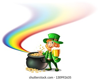 Illustration of an old man near a big pot full of coins on a white background