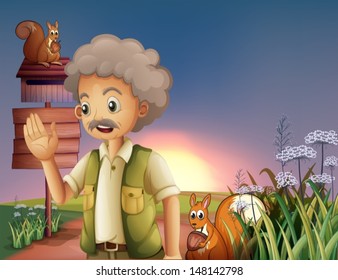 Illustration of an old man near the empty signboards with two squirrels