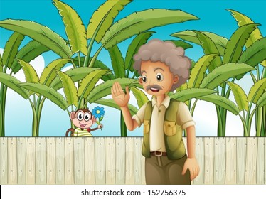 Illustration of an old man near the fence with a monkey