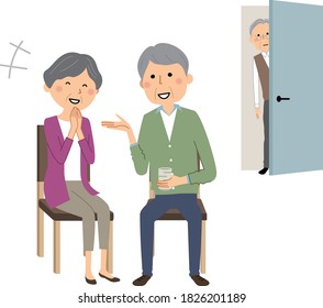 It is an illustration of an old man peeking into an elderly couple chatting.