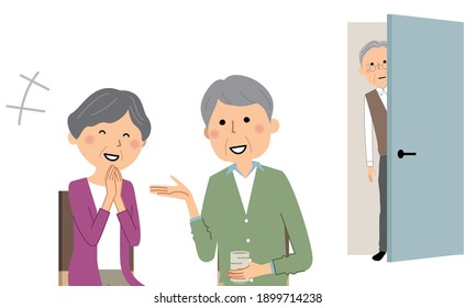 It is an illustration of an old man peeking into an elderly couple chatting.