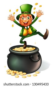 Illustration of an old man and a pot of coins on a white background