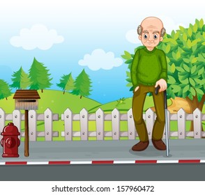 Illustration of an old man at the road with a cane