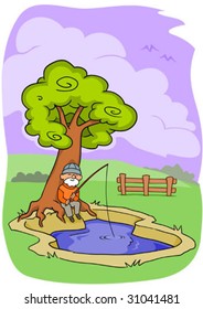 Illustration of an old man sitting beneath a tree and fishing in a small pool, relaxing in the outdoors.