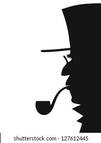 Illustration of old man smoking the pipe, black and white silhouette