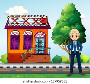 Illustration of an old man standing in front of a club