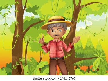Ilustración de un anciano parado en medio del bosque