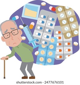 Illustration of an old man taking more medicine