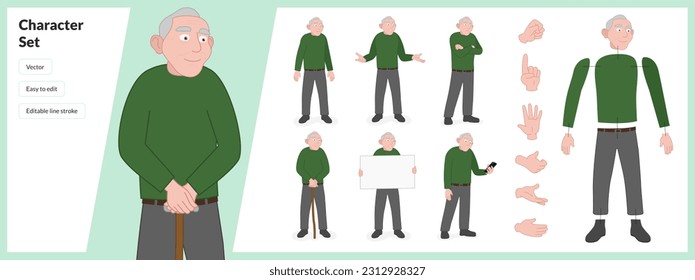 Illustration of old man, wearing casual clothing in a set of multiple poses. Easy to edit with editable line strokes and isolated on white background. Suitable for animation.