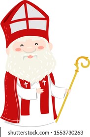 Illustration of an Old Man Wearing Saint Nicholas Costume and Carrying a Stick