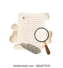 Illustration with old manuscripts, magnifier and feather