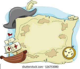 Illustration of an Old Map with a Compass and an Old Ship on Its Sides