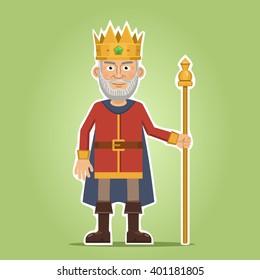 Illustration of an old medieval king isolated on abstract background. Cheerful king holding a scepter. King, monarch, ruler. Flat style vector illustration